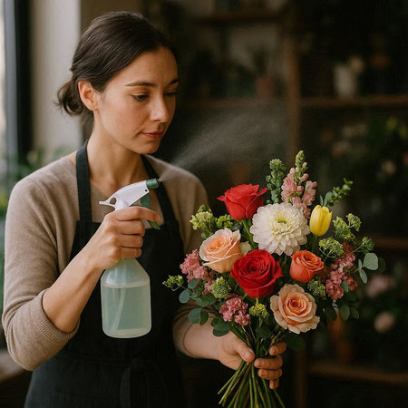 Female florist in apron is spraying flowers with sprayer.