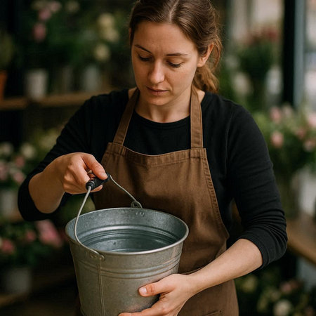 Female florist in apron holding metal bucket with water.の写真素材