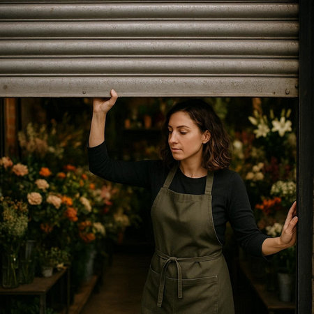 Young beautiful florist woman in apron working in flower shop.