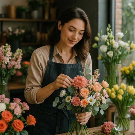 Young woman florist in apron making bouquet in flower shop