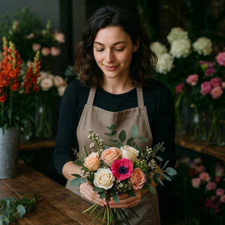 Beautiful young woman florist in apron making bouquet of mixed flowers. Floristry conceptの写真素材