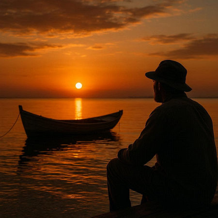 Silhouette of a man sitting on a pier and watching the sunsetの写真素材