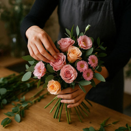 Female florist making beautiful bouquet of mixed flowers in her workshop.