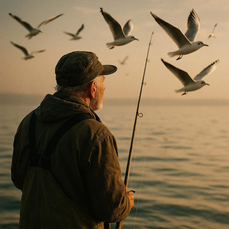 Senior man fishing with seagulls on the sea background.