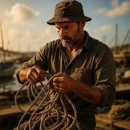 Portrait of a fisherman with a fishing net in the port.