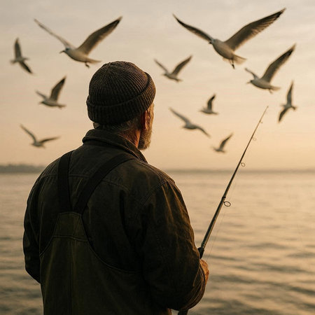 Fisherman with a fishing rod and seagulls at sunset