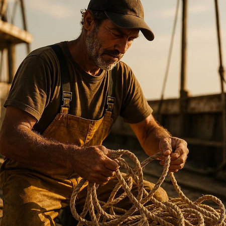 Fisherman holding a rope in his hand on a fishing boatの写真素材