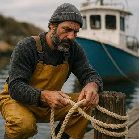 Portrait of a senior fisherman with a fishing boat in the background.