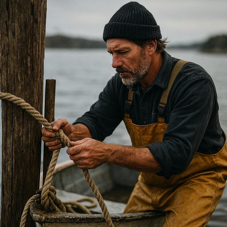 Fisherman working on a fishing boat. Fisherman with a beard and mustache.