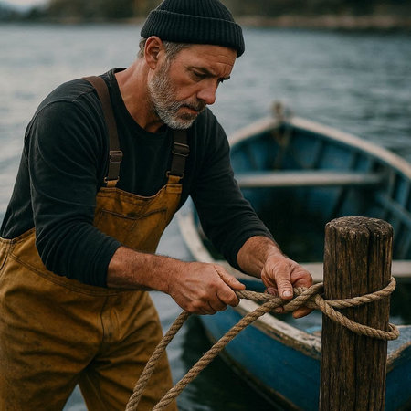 Mature man working on a fishing boat. Fisherman in a hat and apron.の写真素材