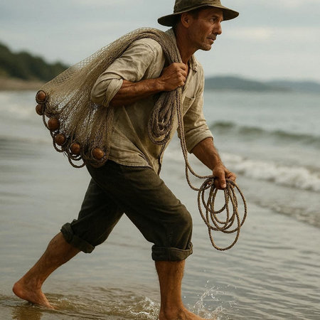 Fisherman walking on the beach with fishing net in his handの写真素材