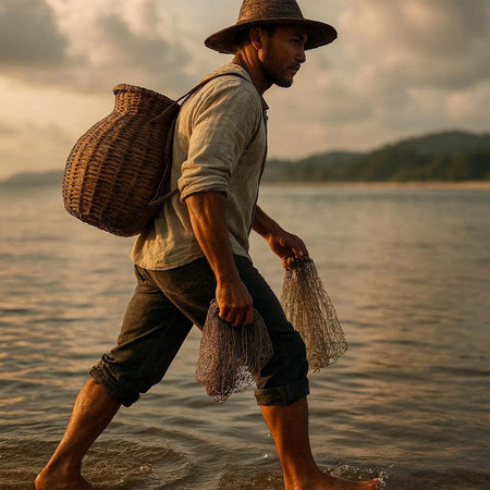 Fisherman with a wicker hat and fishing net on the beach
