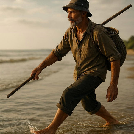 Fisherman with a fishing rod on the seashore.