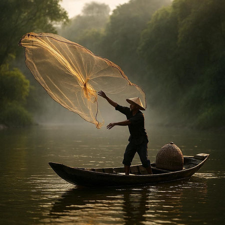 Fisherman with a fishing net in a boat on the river