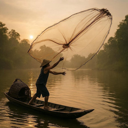 Fisherman on a boat in the river at sunset, Thailand