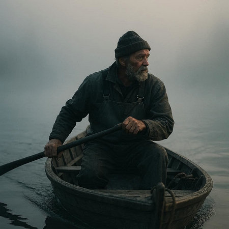 An old man in a fishing boat on a foggy lake.