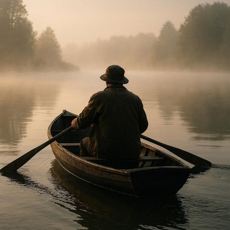 Fisherman in a boat on a foggy lake in the morning