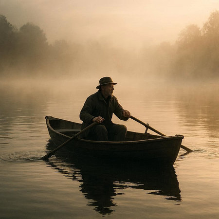 Fisherman in a boat on a foggy lake at sunrise