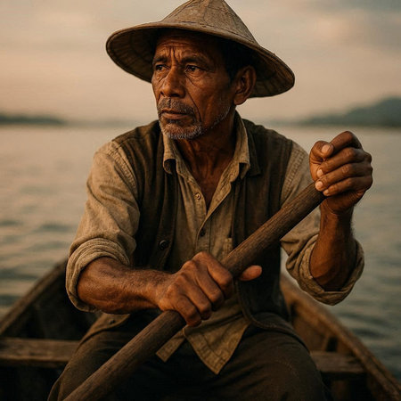 Portrait of a senior man in a boat at sunset, Thailand.