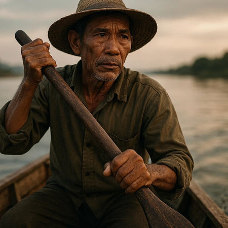 Portrait of an elderly man in a boat on the river.