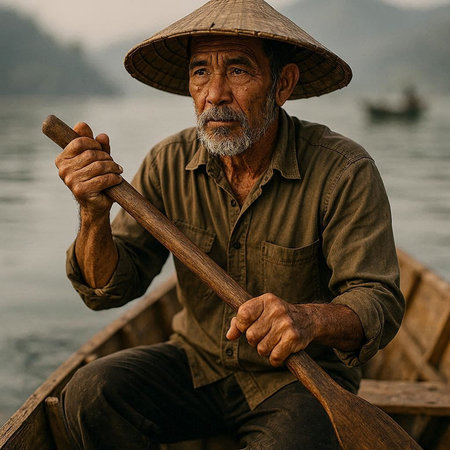 Vietnamese senior man fishing on a boat on the lake.