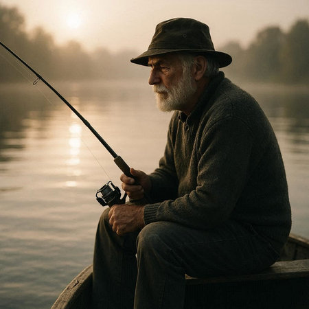 Senior man fishing on the lake at sunrise with a fishing rod.