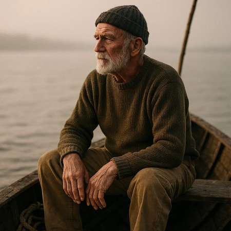 Portrait of an old man sitting on a boat in the sea