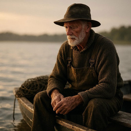 Portrait of an old man sitting on a boat at sunset.
