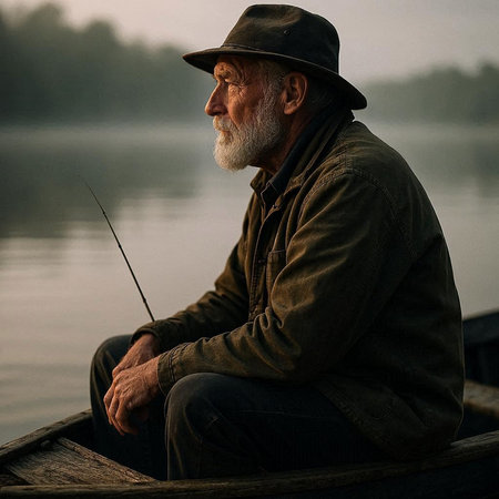 Elderly man fishing on a boat on a lake at sunrise