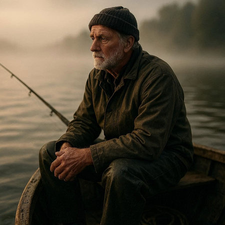 Portrait of a senior man sitting on a boat and fishing.の写真素材