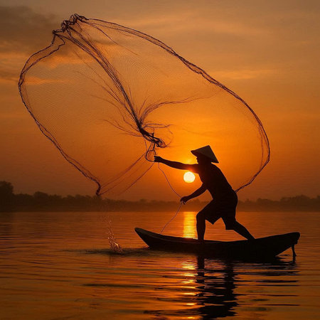 Fisherman on a boat at sunset, Myanmar (Burma)