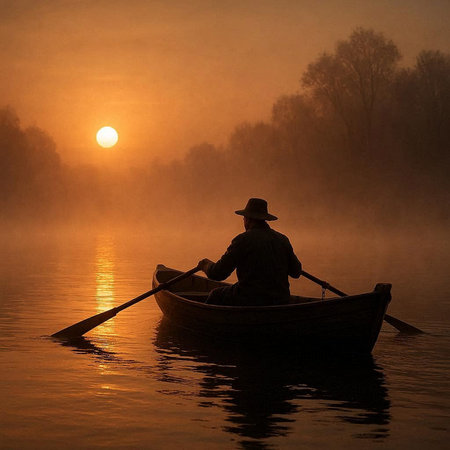 Fisherman in a boat on a foggy lake at sunrise