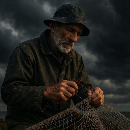 Fisherman with fishing rod on the background of stormy sky