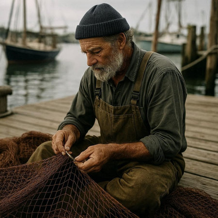 Portrait of a senior fisherman sitting on the pier with fishing net