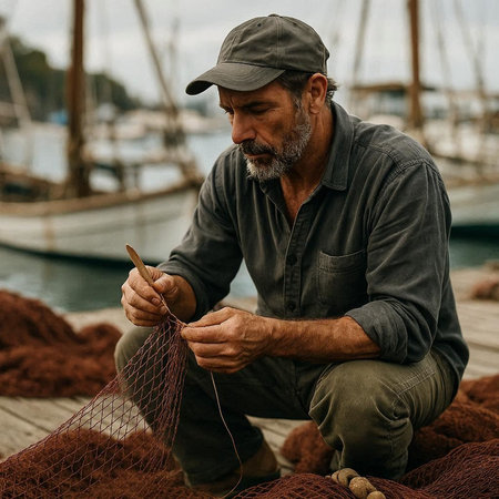 Fisherman working on a fishing net in the port of Vila Nova de Milfontes, Portugal