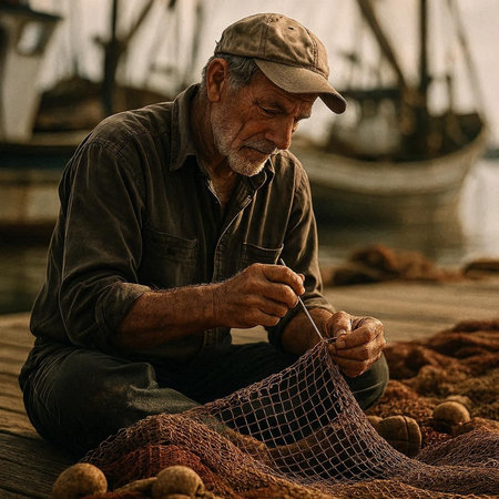 Fisherman with fishing net on a pier in Porto, Portugal