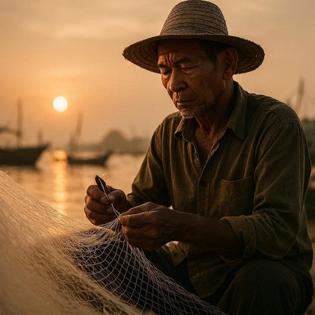 Fisherman in the fishing net on the beach at sunset.