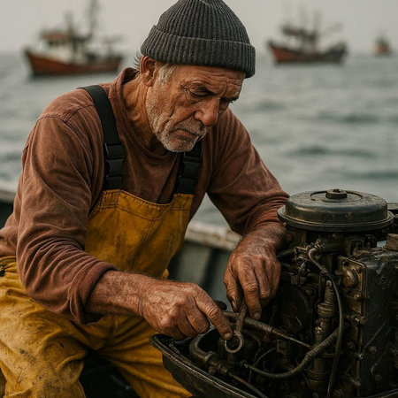 Fisherman repairing a motor boat on the coast of the seaの写真素材