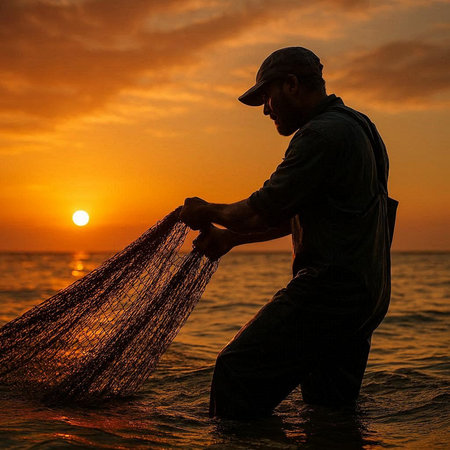 Fisherman with fishing net on the beach at sunset. Thailand