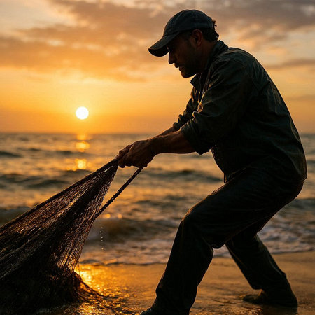 Fisherman with fishing net on the beach at sunset time.