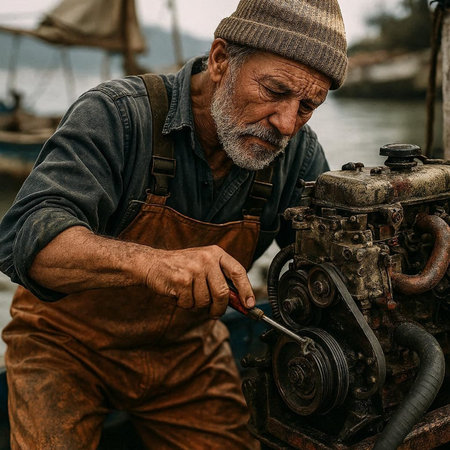 Portrait of an old craftsman repairing an old car engine.