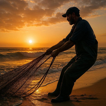 Fisherman with fishing net on the beach at sunset in Sri Lanka