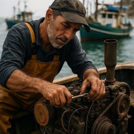 Portrait of an elderly man repairing a motor boat in the port.