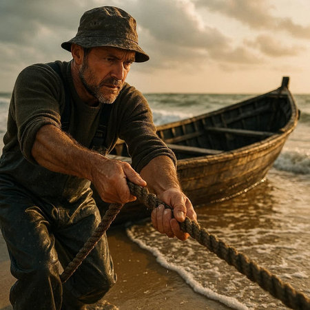 Fisherman on the beach with his fishing boat in the backgroundの写真素材