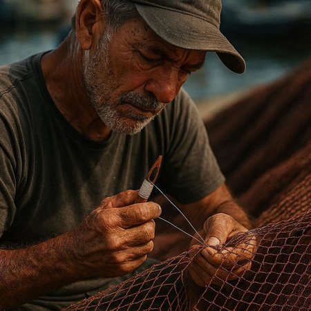 Fisherman working on his fishing net in a fishing port.