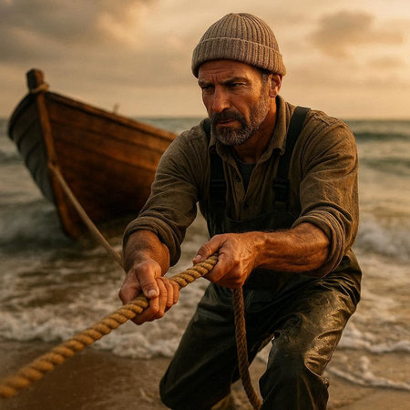 Mature fisherman pulling a rope on the beach at sunset time.の写真素材