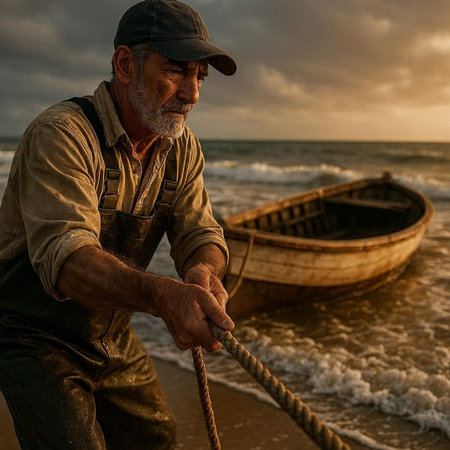 Fisherman on the beach at sunset, fishing boat in the background