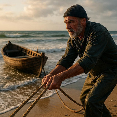 Portrait of a senior man on the beach with his fishing boat