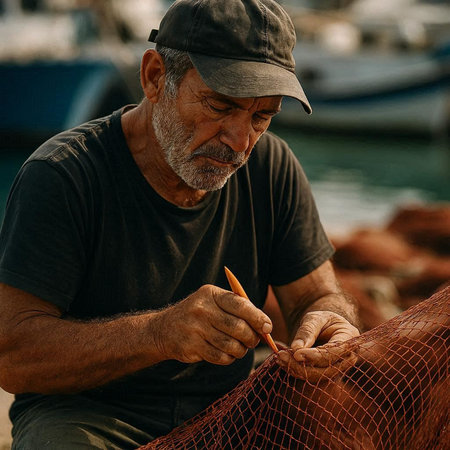 Fisherman at work. Portrait of an elderly man working in the port.の写真素材