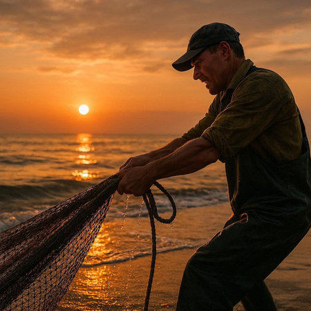 Fisherman with net on the beach at sunset, Thailand.